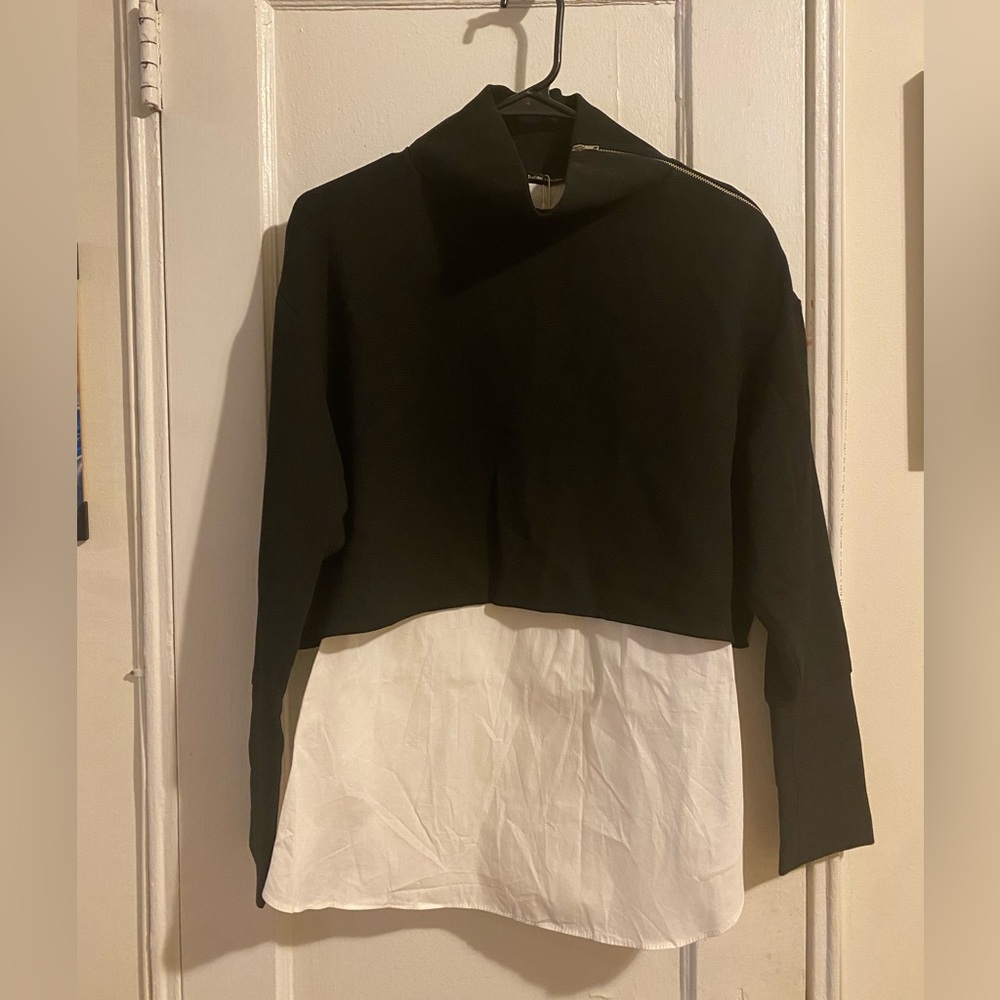 ZARA Black Cropped Sweater with Built-in White Layered Undershirt